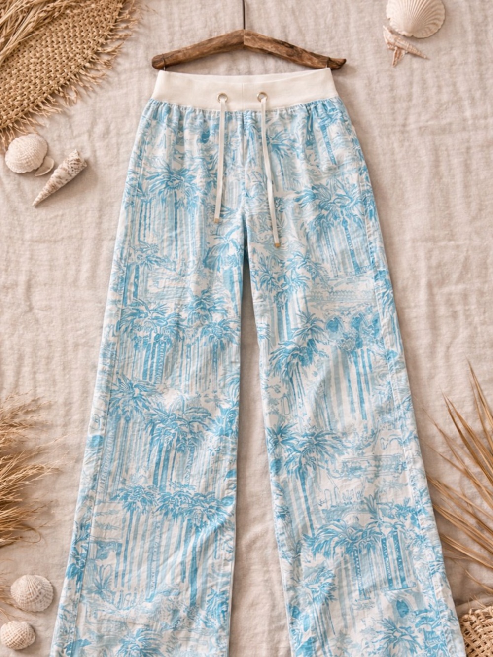 Lilly Pulitzer Beach Pants Small 33” Inseam Blue White palm Print Linen Sz Small - Picture 11 of 14
